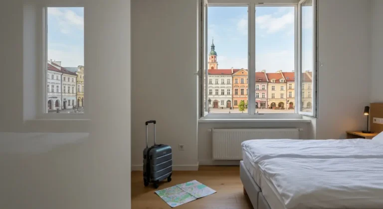 Jasny apartament na krotki pobyt w Rzeszowie z walizka przy lozku i widokiem na kamienice rzeszowskiego Rynku