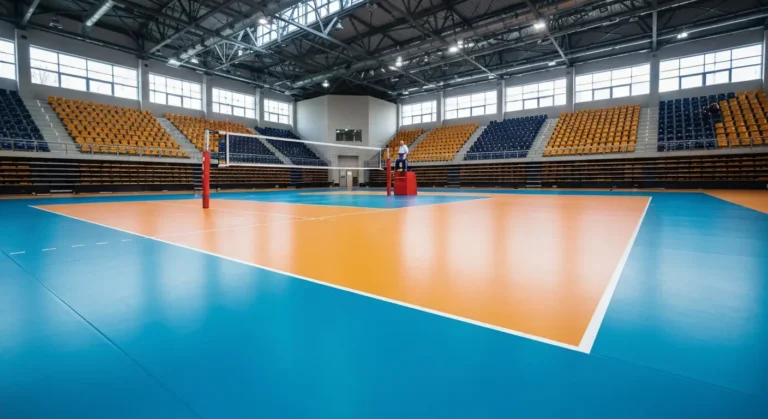 Pusty parkiet siatkarski z siatka i trybunami w duzej hali sportowej w Rzeszowie