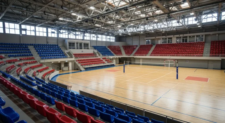 Wnetrze hali sportowej w Rzeszowie - puste trybuny z kolorowymi krzeselkami i parkietowe boisko do siatkowki