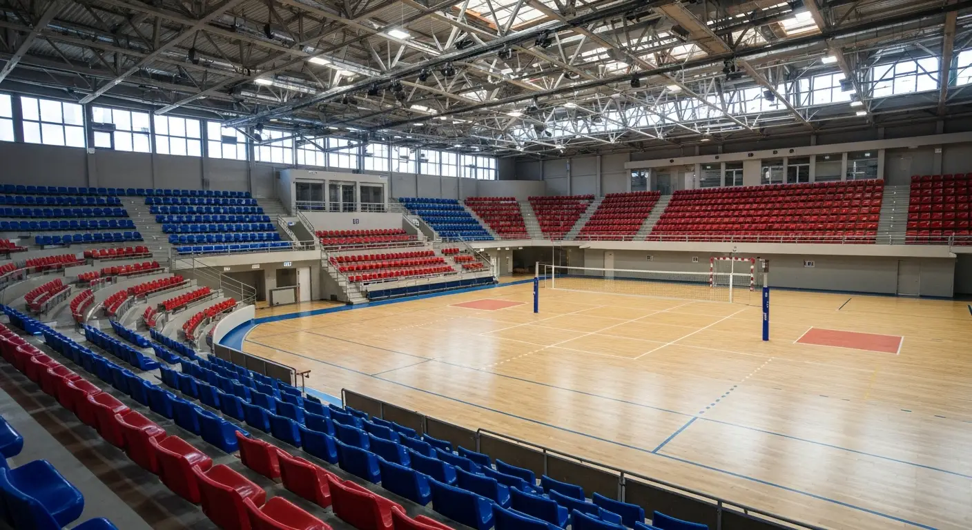 Wnetrze hali sportowej w Rzeszowie - puste trybuny z kolorowymi krzeselkami i parkietowe boisko do siatkowki