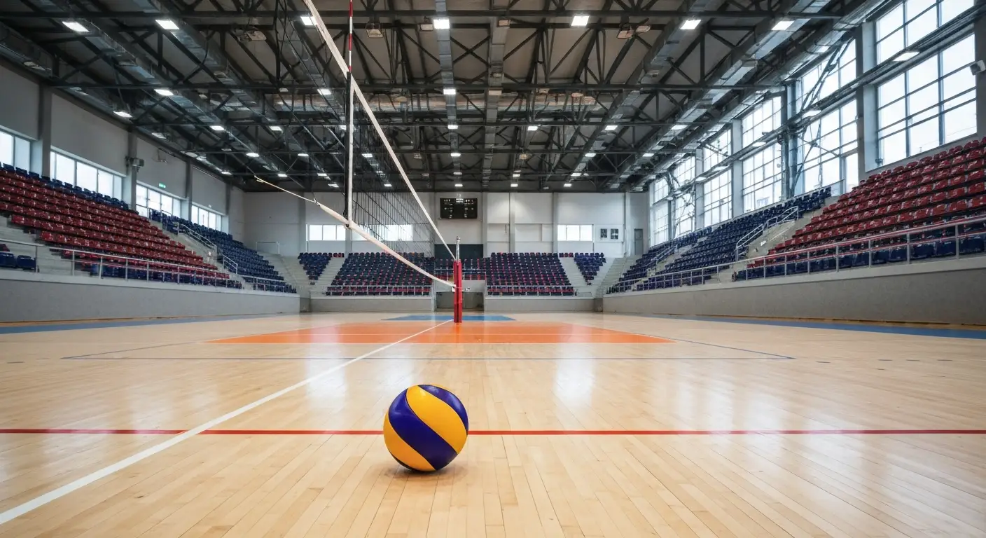 Wnetrze hali sportowej w Rzeszowie z siatka do siatkowki, pilka na parkiecie i pustymi trybunami
