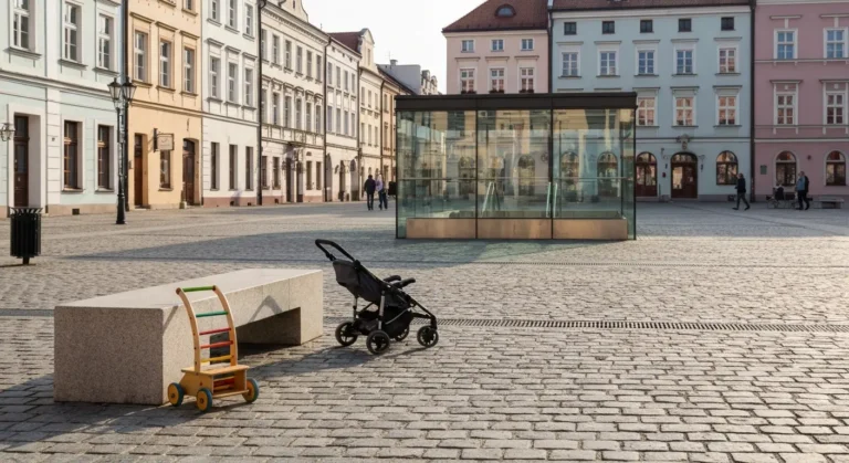Rynek Starego Miasta w Rzeszowie z kamienicami, wozkiem dzieciecym i drewniana zabawka na bruku