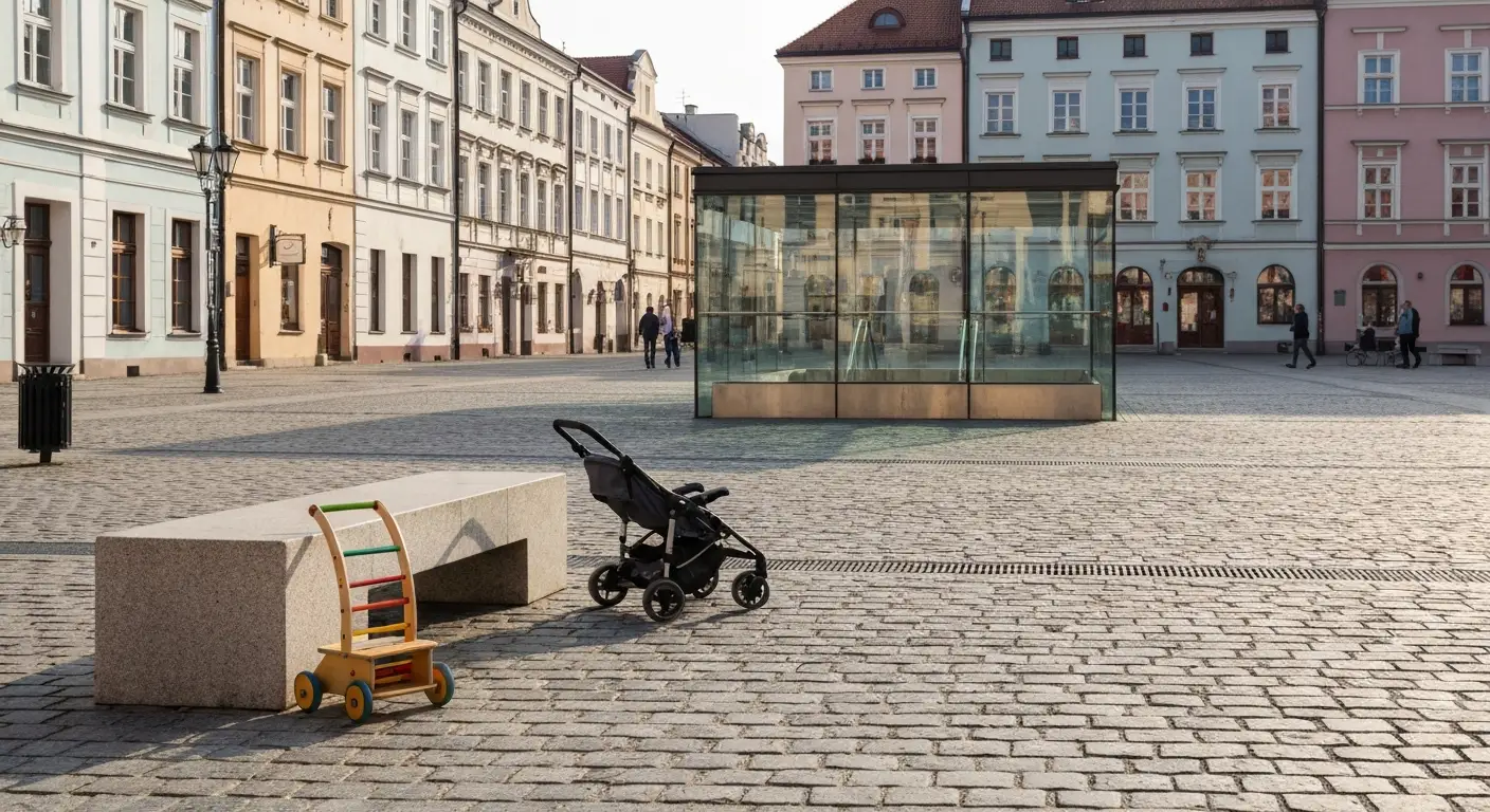 Rynek Starego Miasta w Rzeszowie z kamienicami, wozkiem dzieciecym i drewniana zabawka na bruku