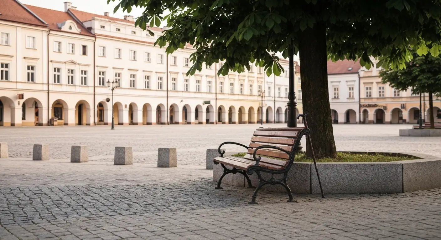 Pusta drewniana lawka z laska przy kasztanowcu na brukowanym rynku w Rzeszowie o poranku
