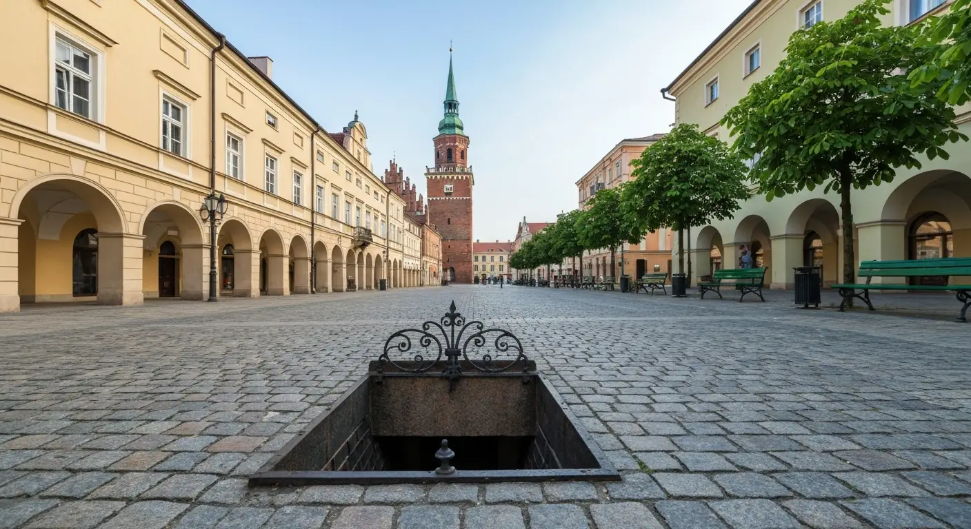 Rynek w Rzeszowie o poranku - kamienice z podcieniami, wieza ratusza i bruk prowadzacy do wejscia do podziemnej trasy