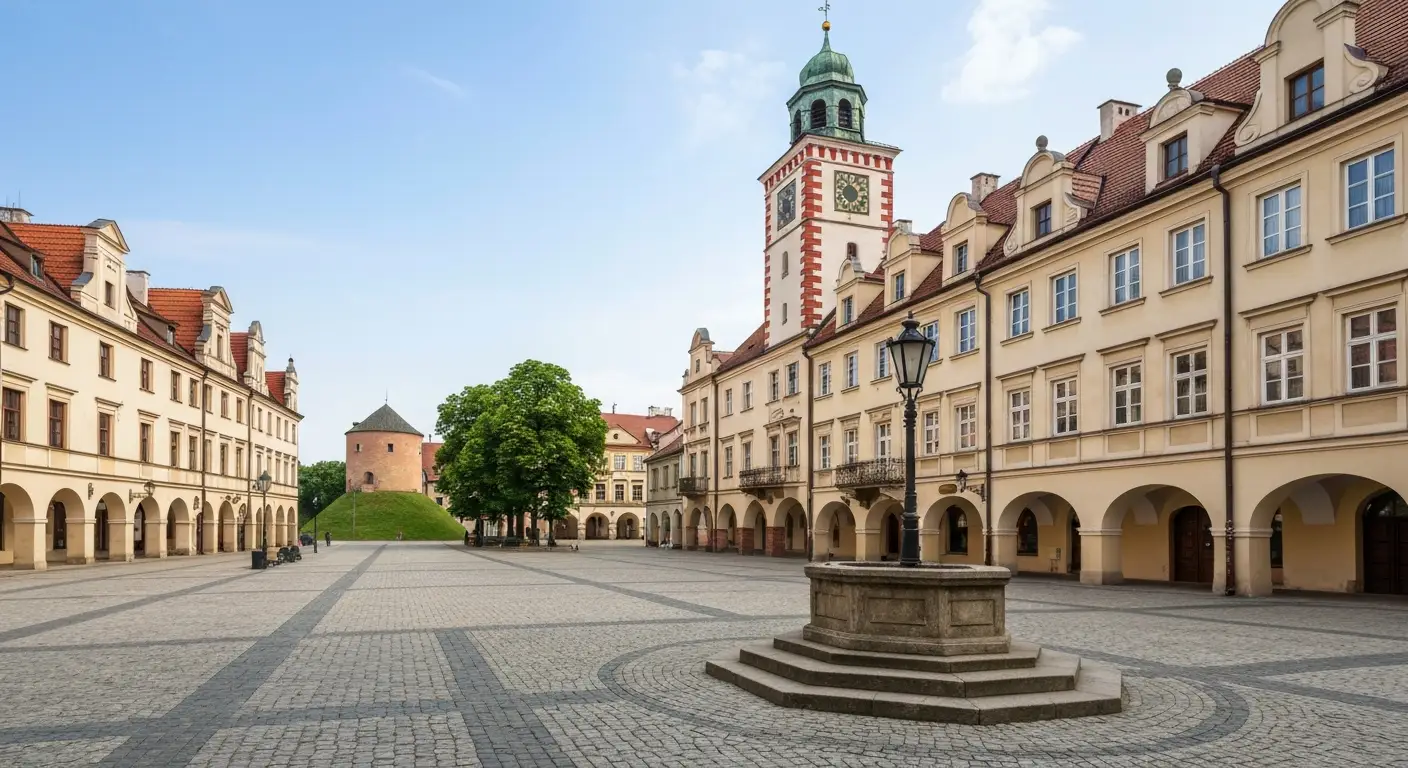 Rynek w Rzeszowie z kamienicami, wieza ratusza i bruk prowadzacy w strone zamku