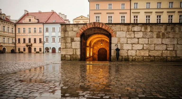 Deszczowy dzien na rzeszowskim Rynku - mokra kostka bruku i wejscie do podziemnej trasy piwnic