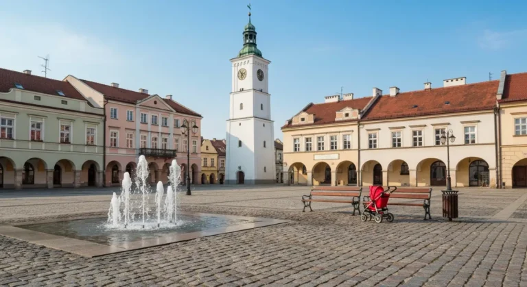 Rynek w Rzeszowie z kamienicami i wieza ratusza, wozek dzieciecy przy lawce w sloneczny poranek