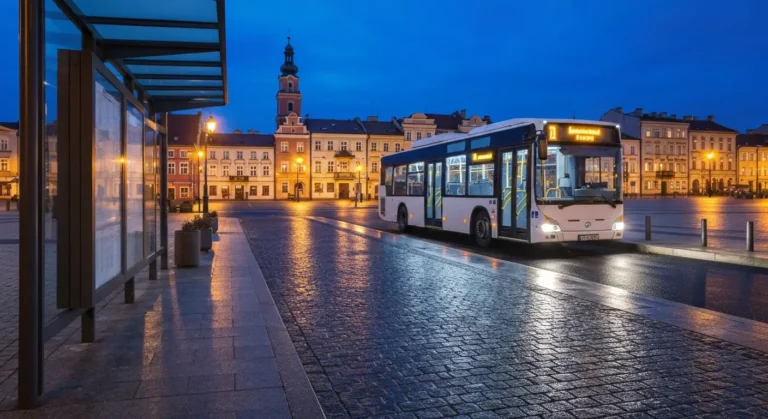 Nocny autobus miejski stojacy na przystanku w centrum Rzeszowa, mokry asfalt i kamienice rynku w tle