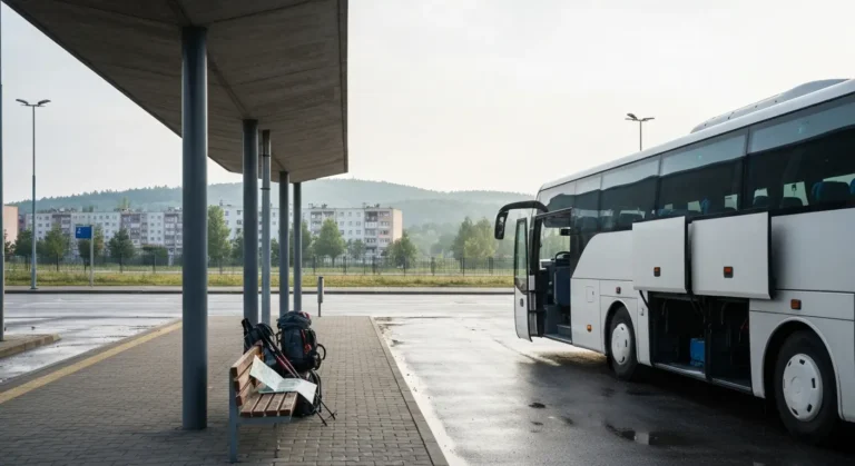 Autokar dalekobiezny na peronie dworca w Rzeszowie, w tle wzgorza Bieszczadow