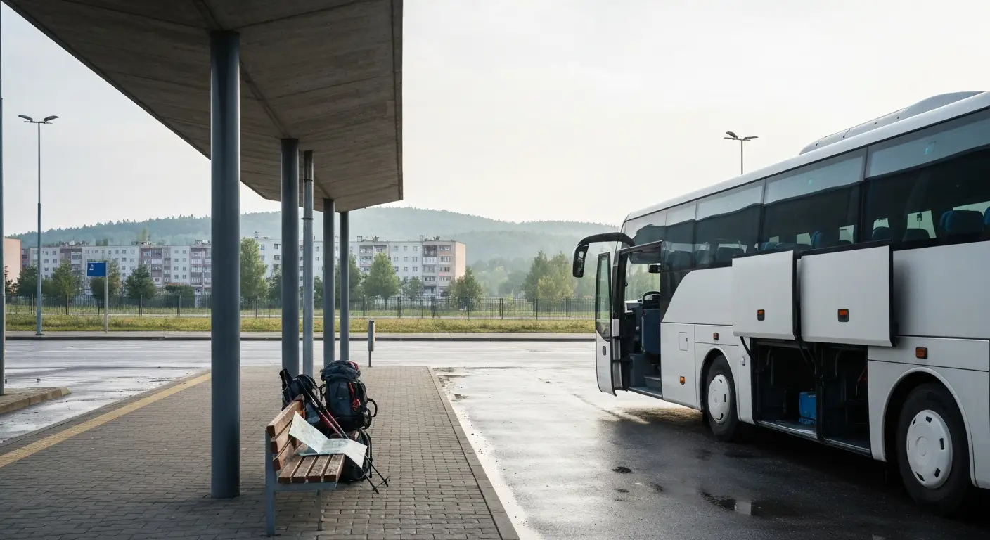 Autokar dalekobiezny na peronie dworca w Rzeszowie, w tle wzgorza Bieszczadow