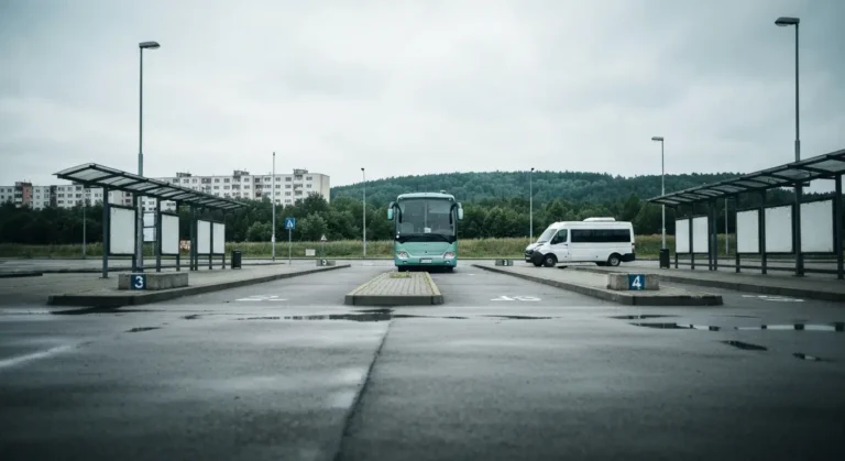Autokar i bus regionalny na peronie dworca autobusowego w Rzeszowie, w tle bloki i wzgorza Podkarpacia