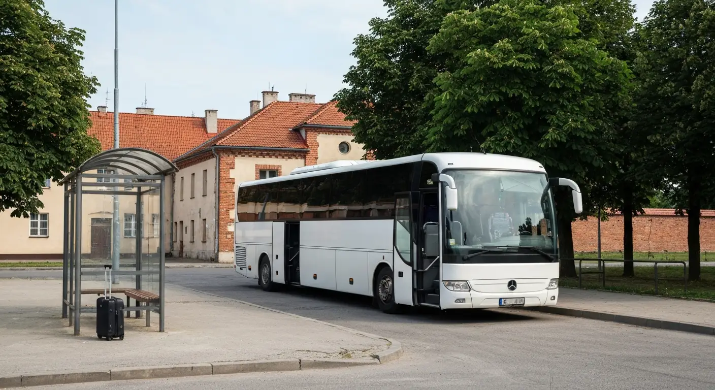 Autobus dalekobiezny na przystanku przy drodze do Lancuta, w tle niska zabudowa i drzewa parku