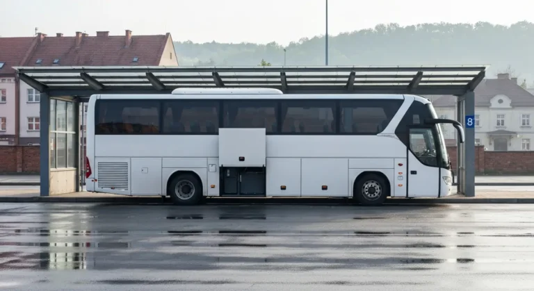 Autobus dalekobiezny na peronie dworca autobusowego w Rzeszowie o poranku
