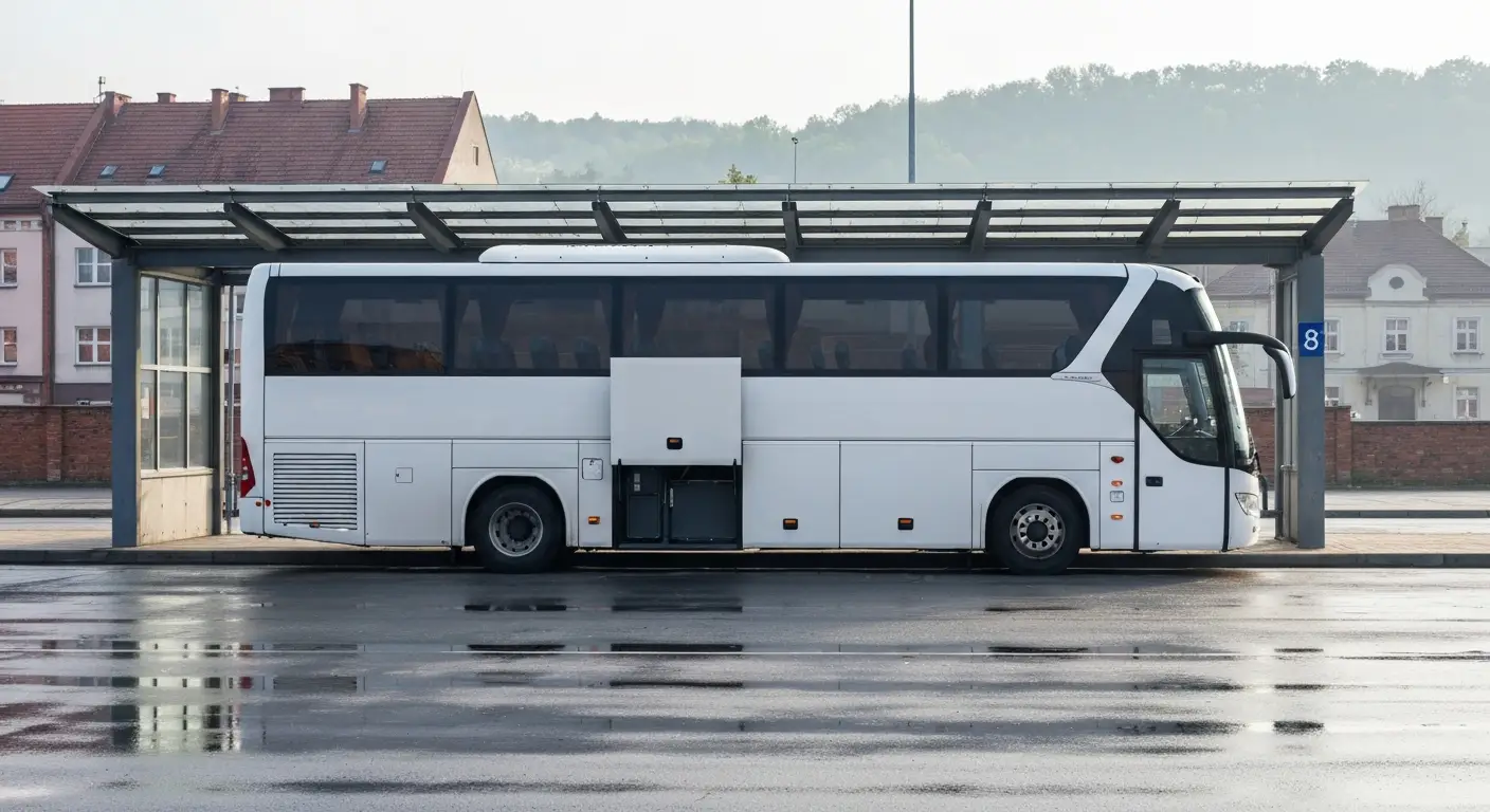 Autobus dalekobiezny na peronie dworca autobusowego w Rzeszowie o poranku