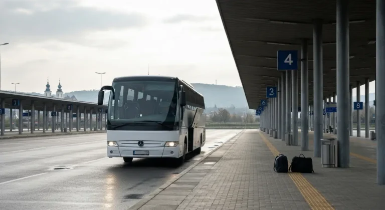 Autobus dalekobiezny na peronie dworca autobusowego w Rzeszowie, otwarty luk bagazowy i bagaze na peronie