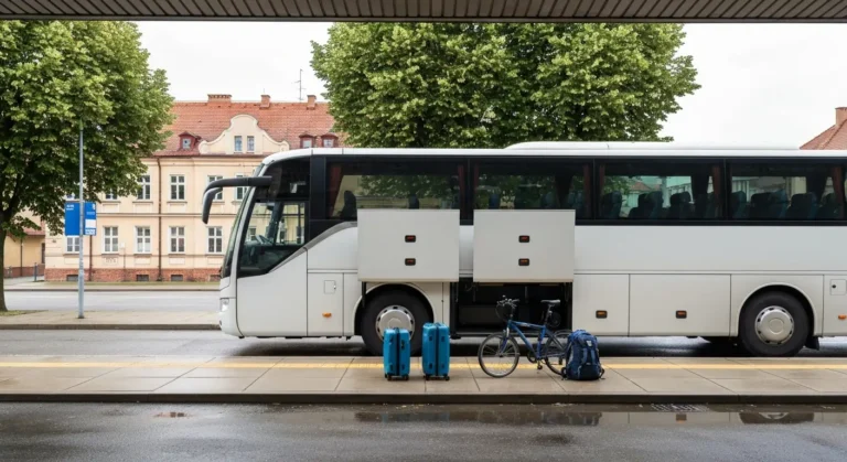 Autobus dalekobiezny na przystanku w Rzeszowie z otwartym lukiem bagazowym, walizkami i zlozonym rowerem