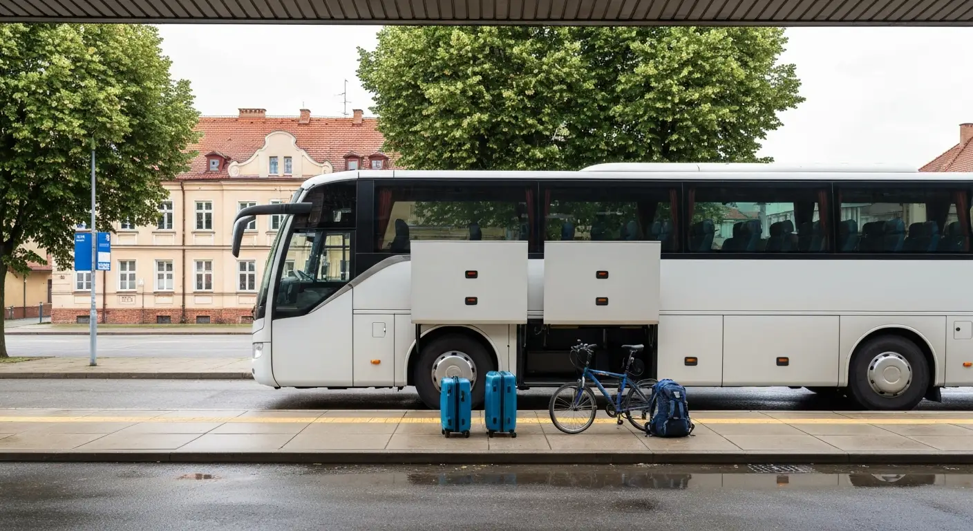 Autobus dalekobiezny na przystanku w Rzeszowie z otwartym lukiem bagazowym, walizkami i zlozonym rowerem
