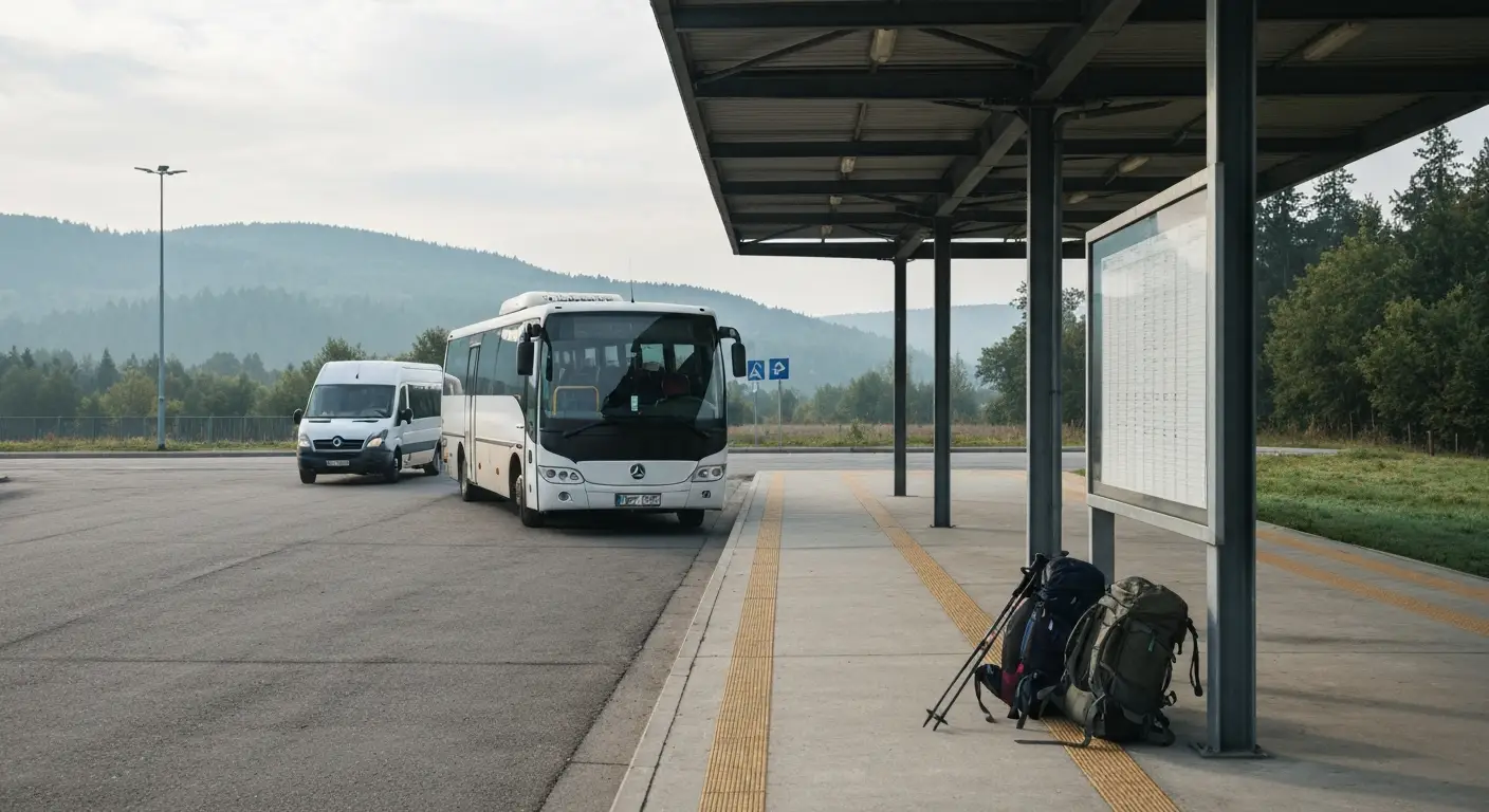 Autobus i bus regionalny na peronie dworcowym w Rzeszowie, obok plecaki turystyczne, w tle zamglone grzbiety Bieszczadow