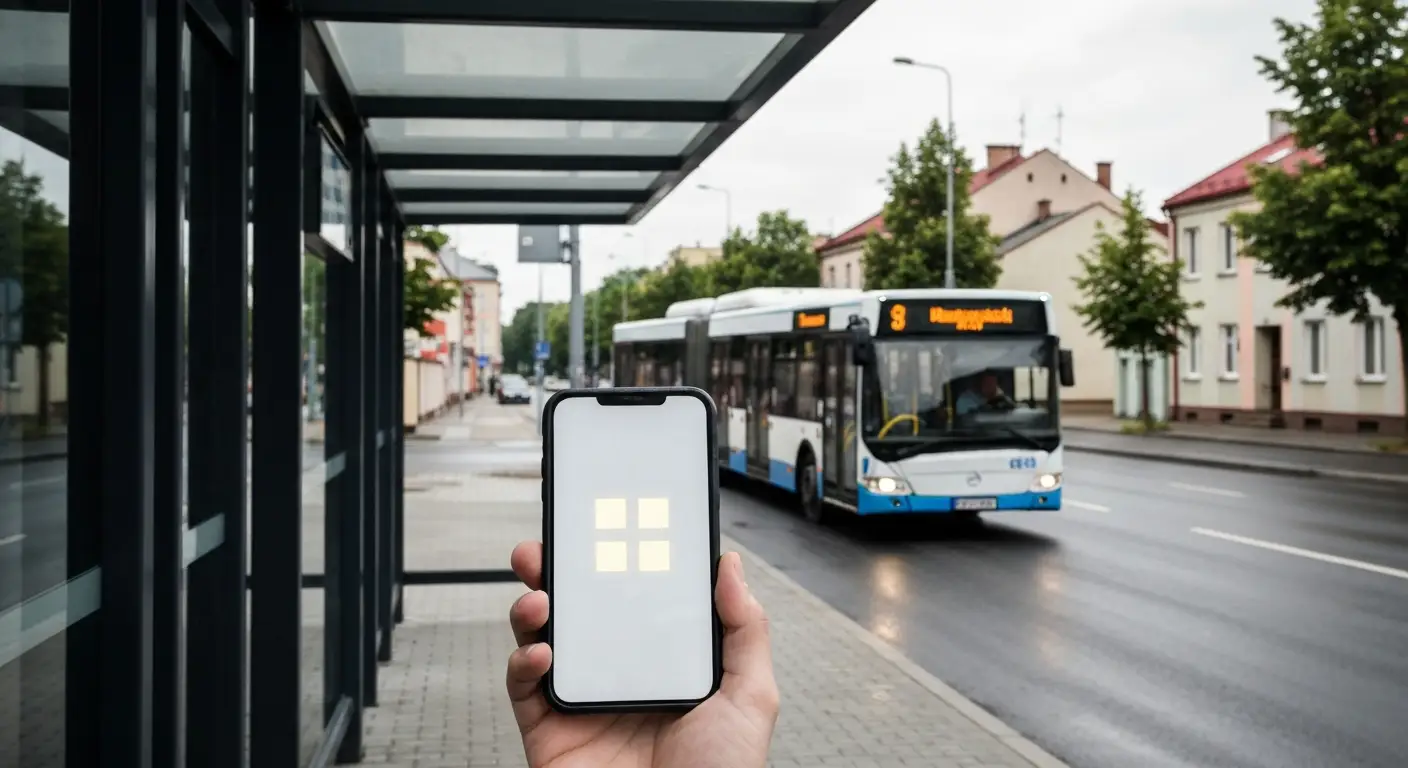Dlon ze smartfonem z kodem QR na przystanku autobusowym w Rzeszowie, w tle podjezdzajacy autobus miejski