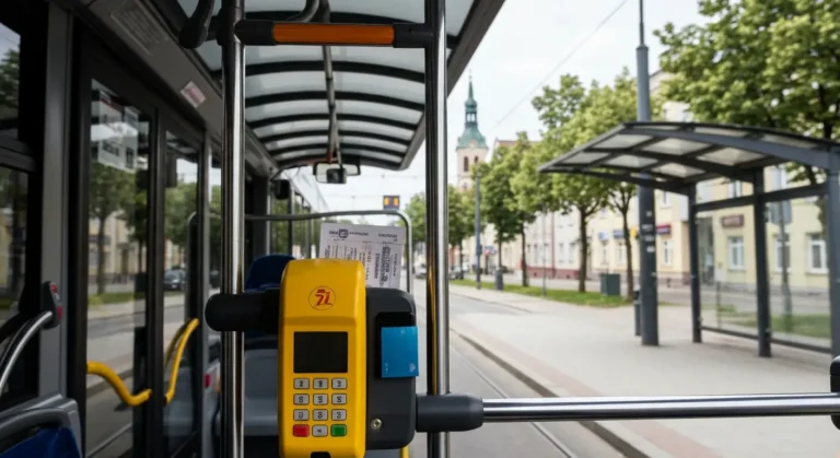Kasownik i terminal platniczy w autobusie komunikacji miejskiej na przystanku w centrum Rzeszowa