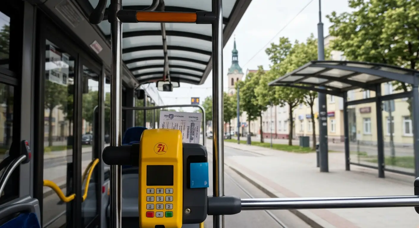 Kasownik i terminal platniczy w autobusie komunikacji miejskiej na przystanku w centrum Rzeszowa