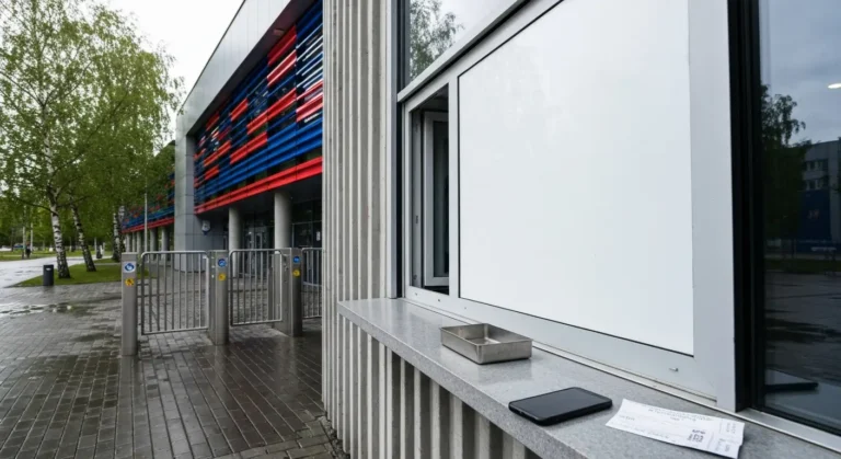 Wejscie do hali sportowej w Rzeszowie z kolowrotami i zamknietym okienkiem kasy biletowej
