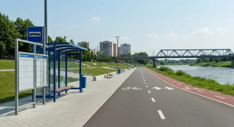 Bulwary nad Wislokiem w Rzeszowie - promenada, przystanek autobusowy i most nad rzeka