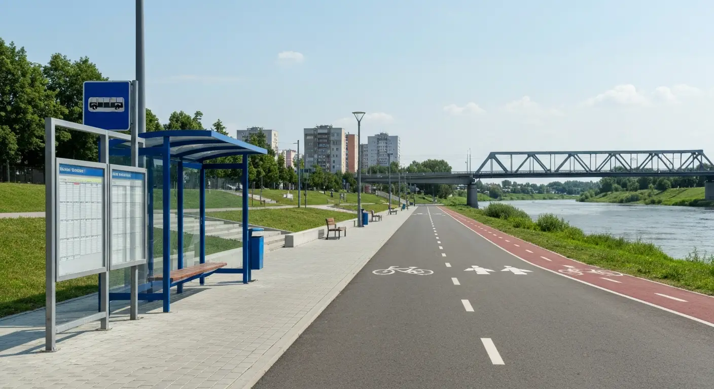 Bulwary nad Wislokiem w Rzeszowie - promenada, przystanek autobusowy i most nad rzeka