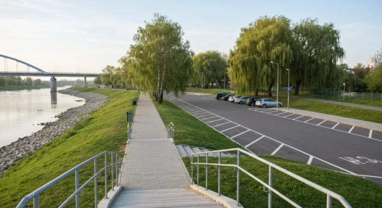 Parking przy bulwarach nad Wislokiem w Rzeszowie i zejscie schodami na promenade nad rzeka