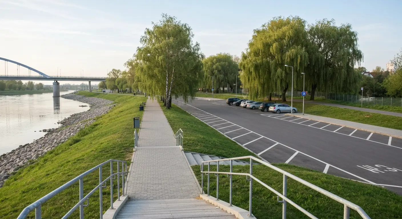 Parking przy bulwarach nad Wislokiem w Rzeszowie i zejscie schodami na promenade nad rzeka