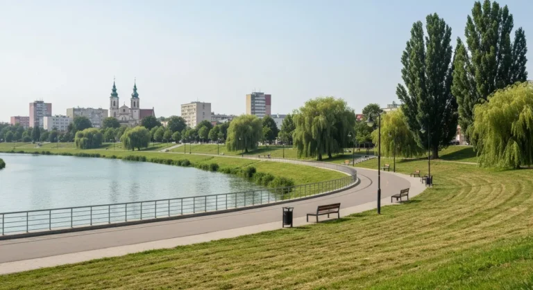 Aleja spacerowa na bulwarach nad Wislokiem w Rzeszowie z lawkami i zielenia, w tle panorama miasta