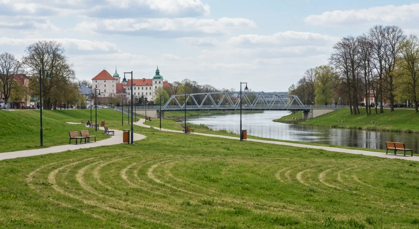 Sciezka spacerowa i lawki na bulwarach nad Wislokiem w Rzeszowie, w tle most i zabudowa starego miasta