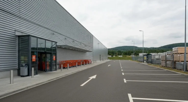 Duzy market budowlany na obrzezach Rzeszowa - hala z wejsciem, wozki sklepowe i parking, w tle wzgorza Podkarpacia
