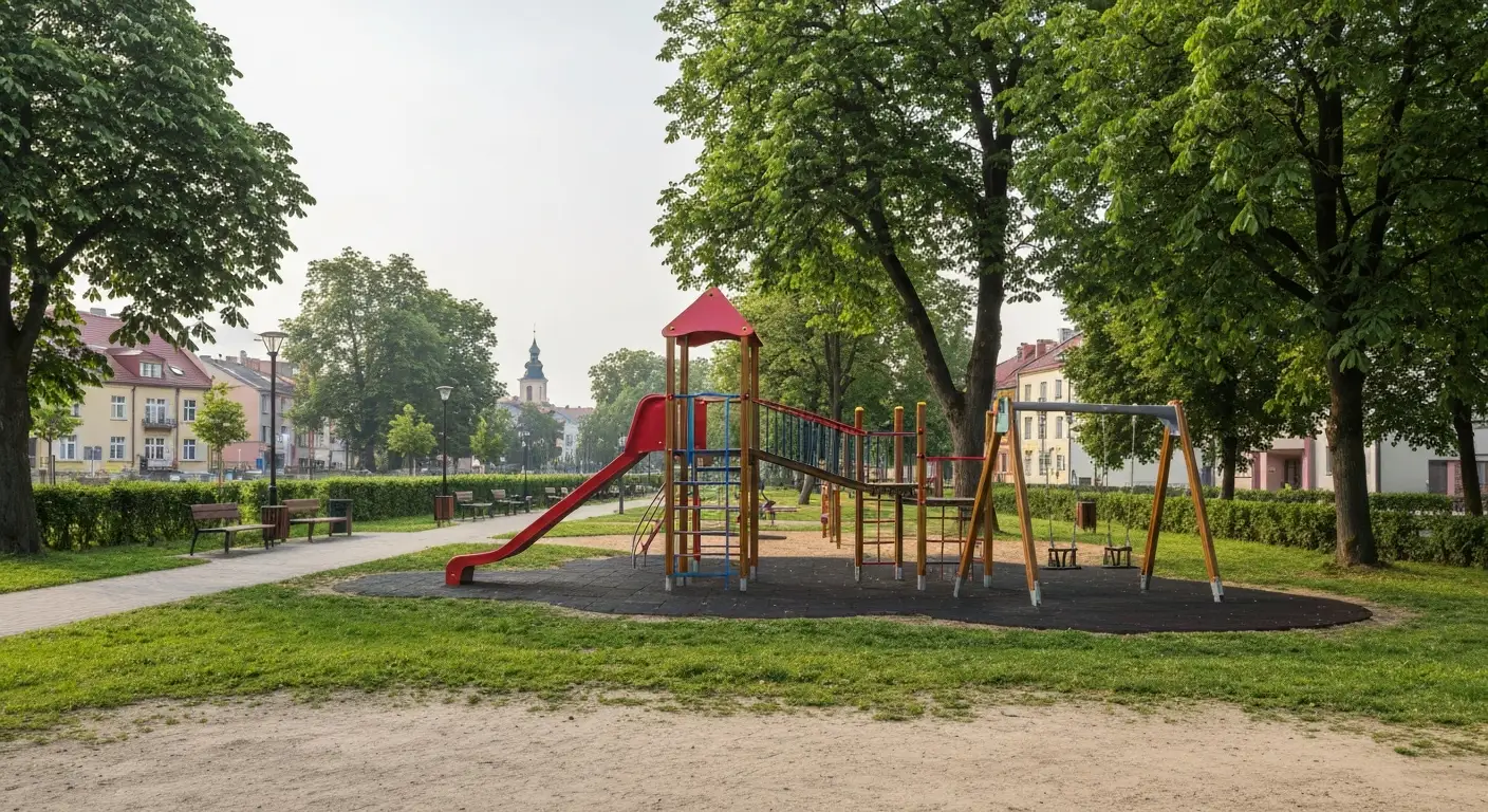 Kolorowy plac zabaw w miejskim parku w Rzeszowie, alejka spacerowa i drzewa w tle