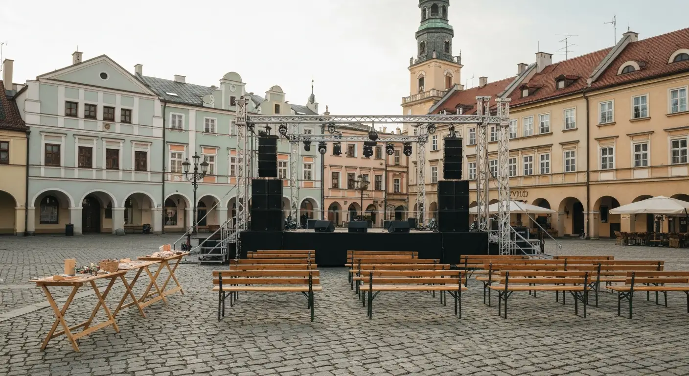 Pusta plenerowa scena koncertowa i drewniane lawki na rzeszowskim rynku otoczonym kolorowymi kamienicami