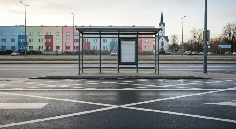 Przystanek autobusowy z wiatą przy szerokiej ulicy w Rzeszowie, obok parking i bloki w tle