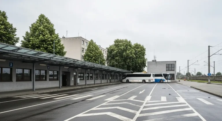 Stanowiska autobusowe pod zadaszeniem dworca lokalnego w Rzeszowie z zaparkowanymi autobusami