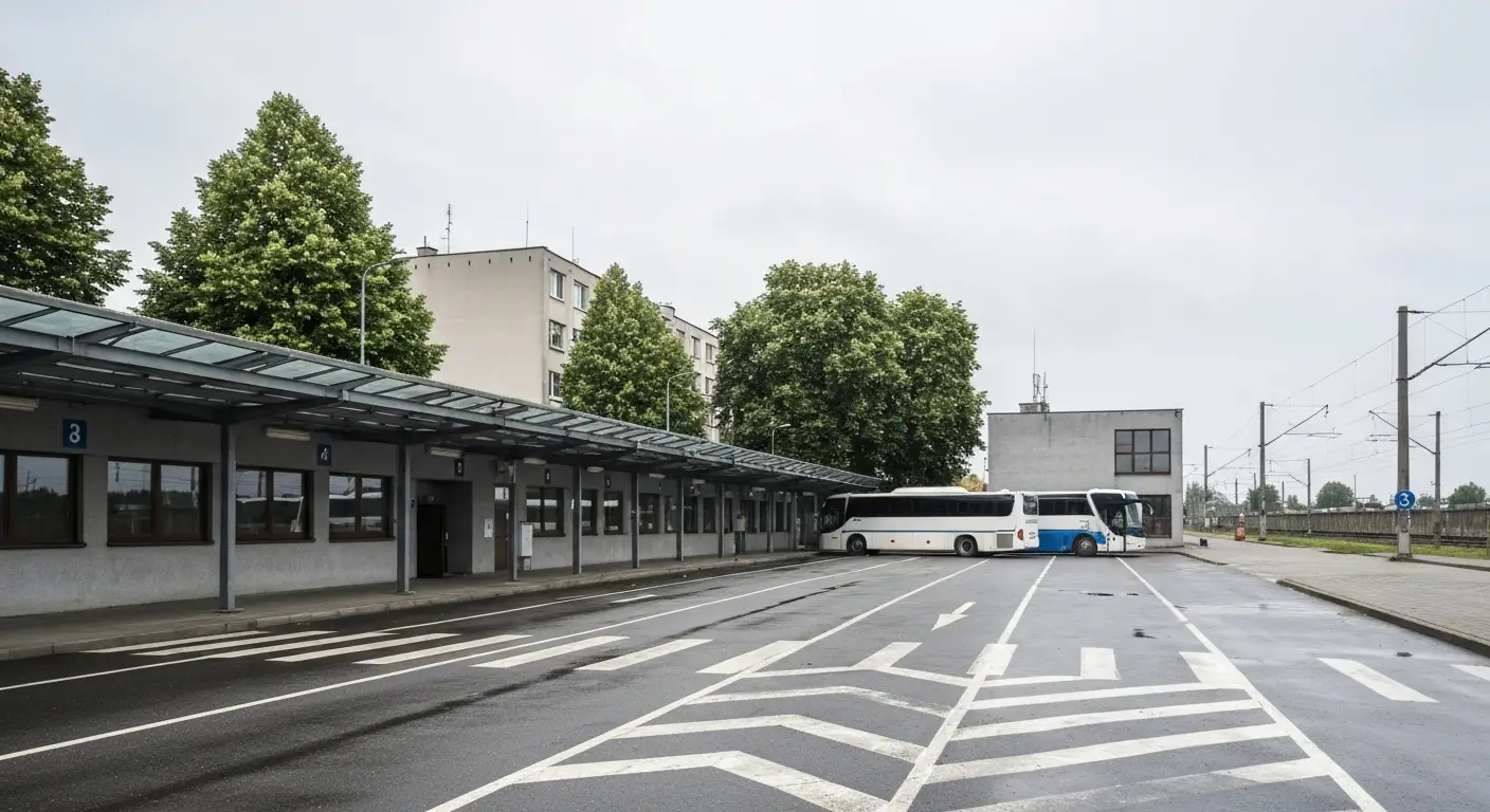 Stanowiska autobusowe pod zadaszeniem dworca lokalnego w Rzeszowie z zaparkowanymi autobusami