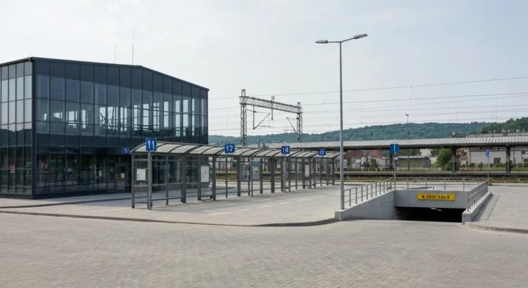 Nowoczesny wezel komunikacyjny przy dworcu Rzeszow Glowny - zadaszone stanowiska autobusowe, wjazd do parkingu podziemne