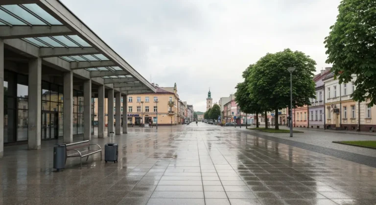 Plac przed dworcem kolejowym w Rzeszowie z walizka przy lawce i ulica prowadzaca w strone starowki