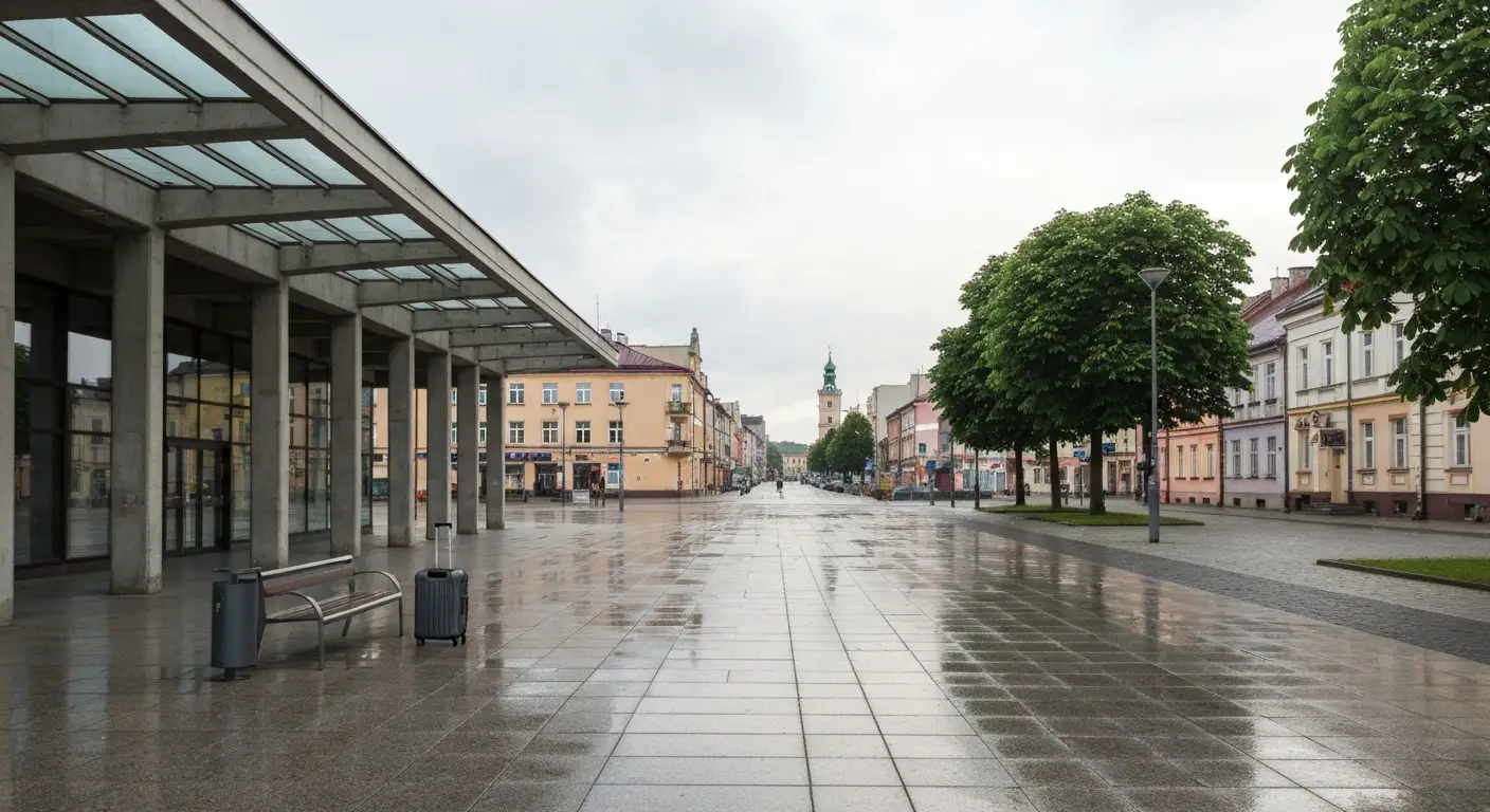 Plac przed dworcem kolejowym w Rzeszowie z walizka przy lawce i ulica prowadzaca w strone starowki