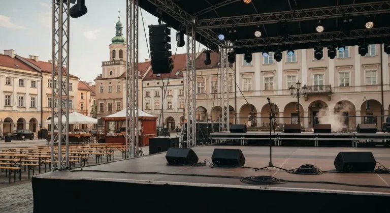 Plenerowa scena festiwalowa z nagłośnieniem i ławkami na rzeszowskim Rynku wśród kamienic