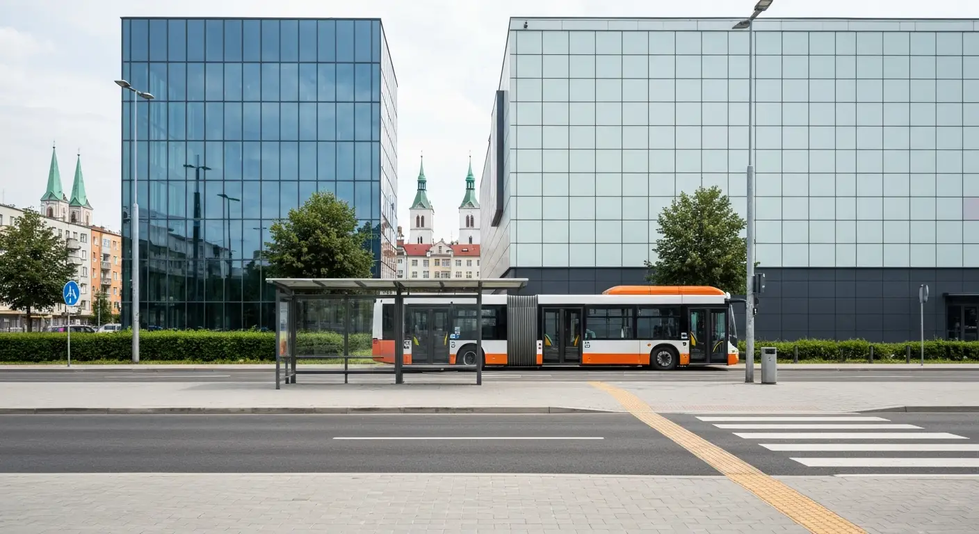 Przystanek autobusowy z autobusem miejskim przy nowoczesnej galerii handlowej w centrum Rzeszowa