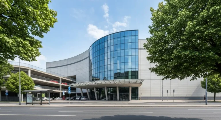 Nowoczesne centrum handlowe ze szklana fasada przy szerokiej alei w Rzeszowie, obok parking i przystanek autobusowy