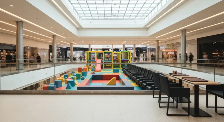 Jasne wnetrze galerii handlowej w Rzeszowie ze strefa zabaw dla dzieci, fotelami kinowymi i stolikami food court