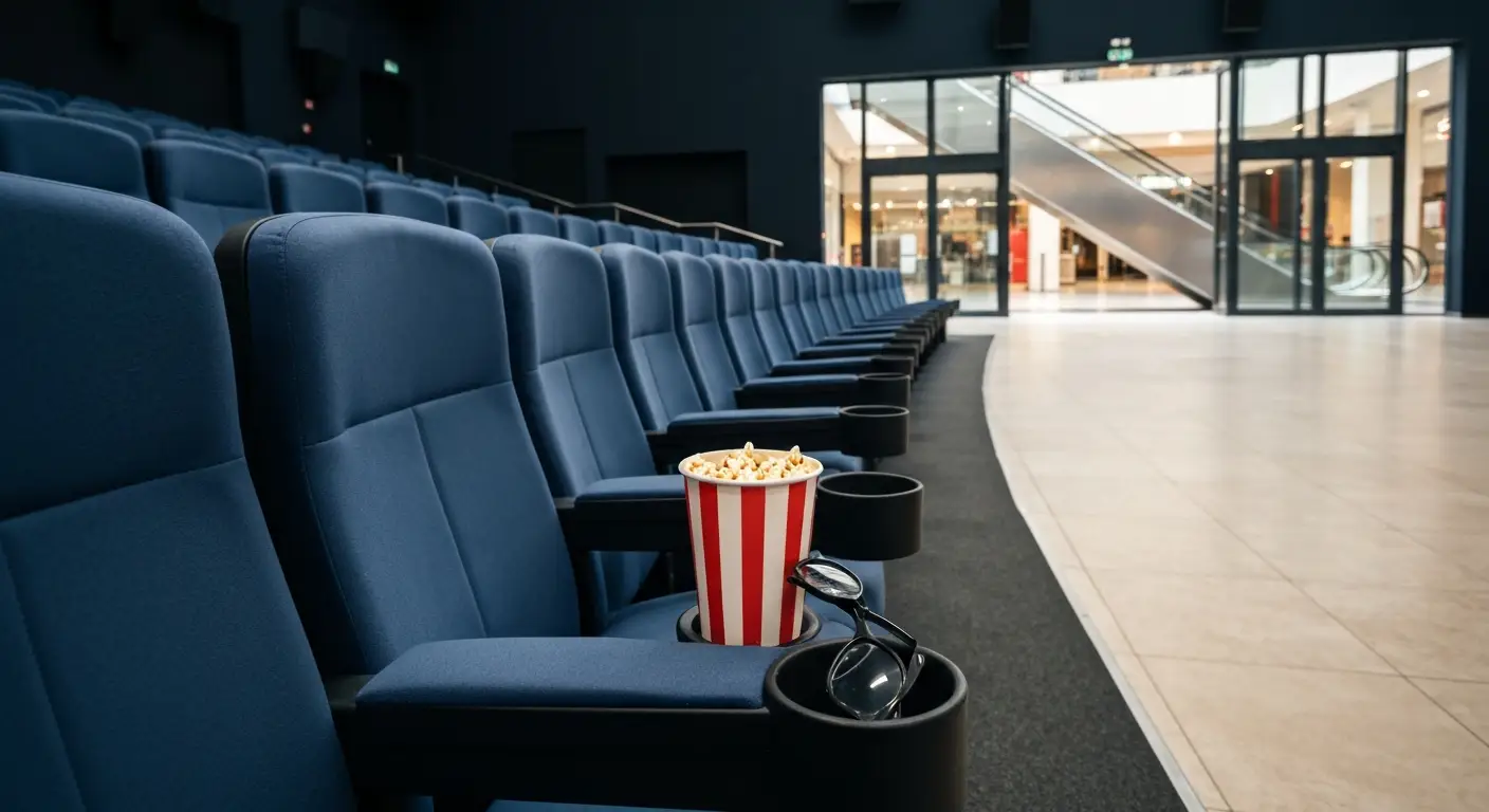 Puste rzedy foteli w sali kinowej w galerii handlowej w Rzeszowie, popcorn i okulary 3D przy podlokietniku