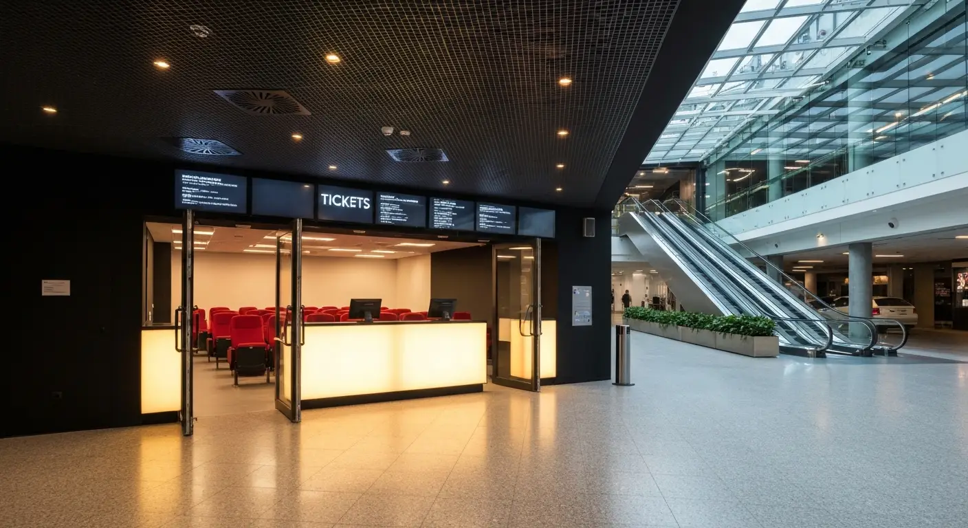 Wejscie do wielosalowego kina w nowoczesnej galerii handlowej w Rzeszowie - kasy, fotele i przeszklone atrium