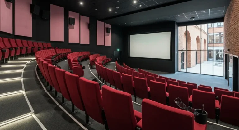 Pusta sala kinowa w galerii handlowej w Rzeszowie, rzedy czerwonych foteli i okulary 3D na podlokietniku