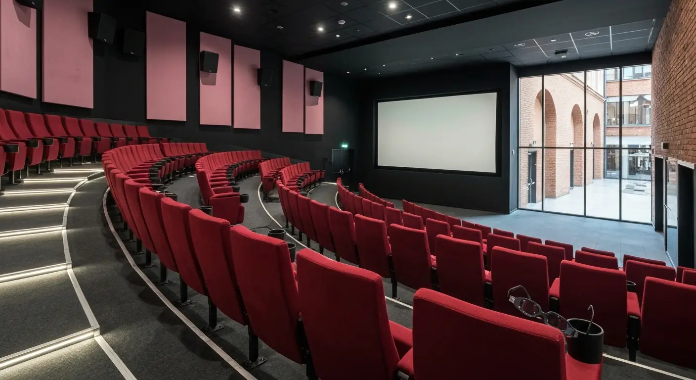 Pusta sala kinowa w galerii handlowej w Rzeszowie, rzedy czerwonych foteli i okulary 3D na podlokietniku